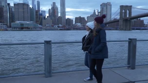 Due amici camminano lungo lo splendido skyline di Manhattan la sera — Video Stock