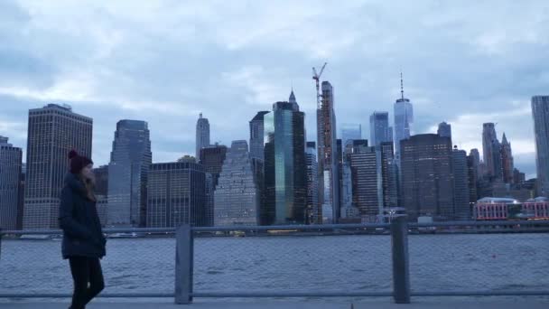 Spacerem wzdłuż rzeki Hudson, z pięknym widokiem na panoramę Manhattanu — Wideo stockowe