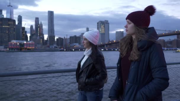 Promenera längs Hudsonfloden med vacker utsikt över Manhattans stadssilhuett — Stockvideo