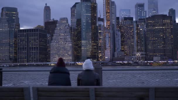 Zwei junge frauen genießen einen wunderbaren abend an der manhattan skyline in new york — Stockvideo