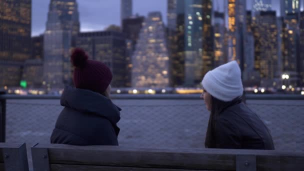 Dos jóvenes disfrutan de una maravillosa velada en el horizonte de Manhattan en Nueva York — Vídeo de stock