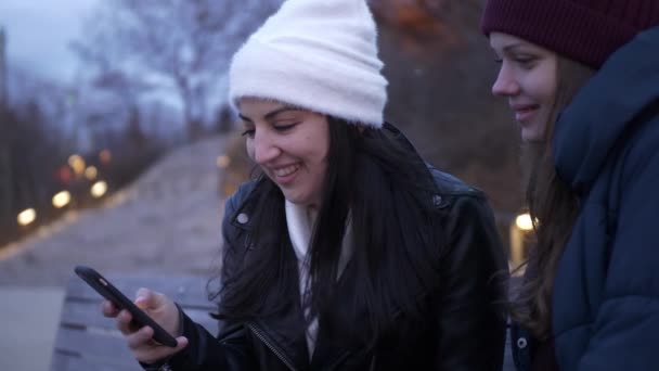 Twee jonge vrouw geniet van een prachtige avond op de skyline van Manhattan in New York — Stockvideo