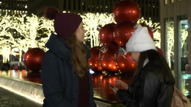 Zwei mädchen besuchen new york zur wunderschönen weihnachtszeit — Stockvideo