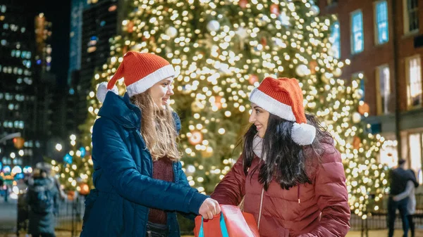 Two girls in front of a Christmas tree enjoy the wonderful time in New York — Stock Photo, Image