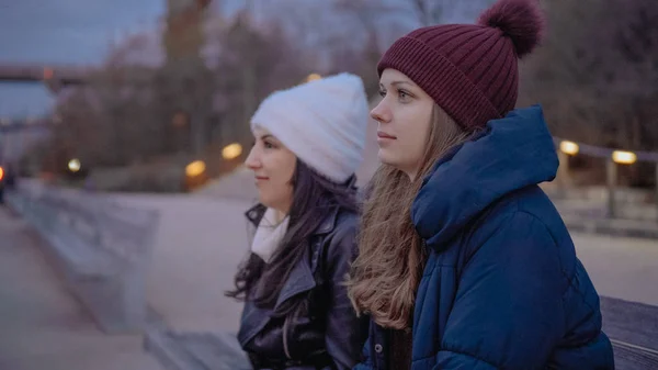 Zwei junge frauen genießen einen wunderbaren abend an der manhattan skyline in new york — Stockfoto