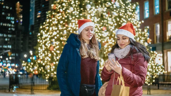 Two girls in front of a Christmas tree enjoy the wonderful time in New York — Stock Photo, Image