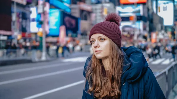 Young beautiful woman in the streets of New York for sightseeing - travel photography