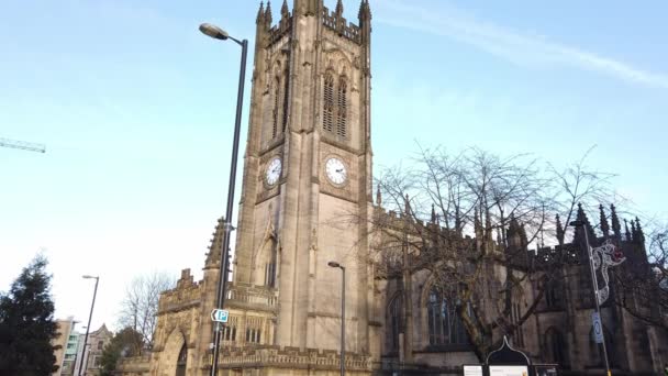 Viktigt Landmärke Staden Manchester Katedralen Manchester Storbritannien Januari 2019 — Stockvideo