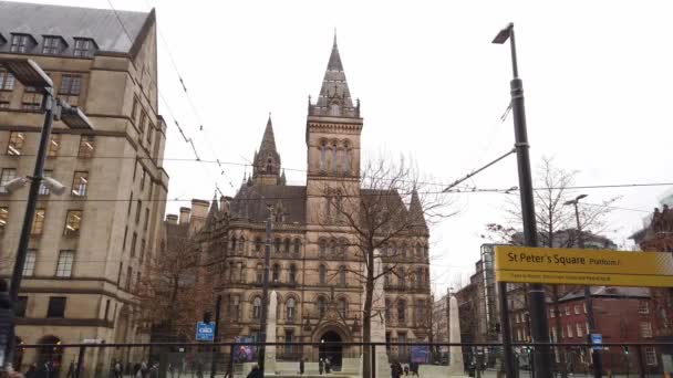 Manchester Town Hall Visa Från Peters Torg Manchester Storbritannien Januari — Stockvideo