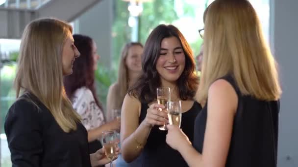 Cena típica da festa - meninas bonitas bebem champanhe e se divertem — Vídeo de Stock