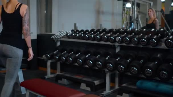 Genç kız bir spor salonunda egzersiz için barbell alır — Stok video