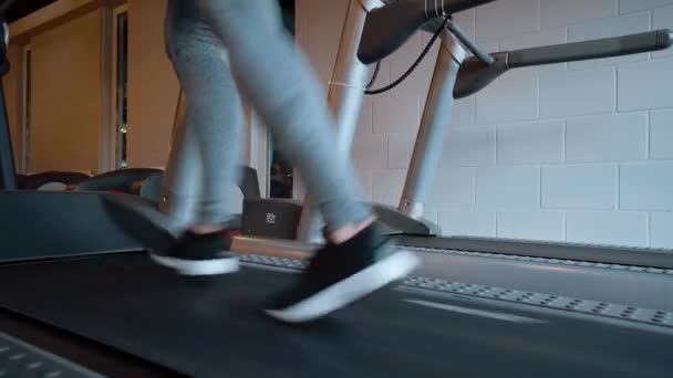 Chica corre en una cinta de correr en el gimnasio — Vídeos de Stock