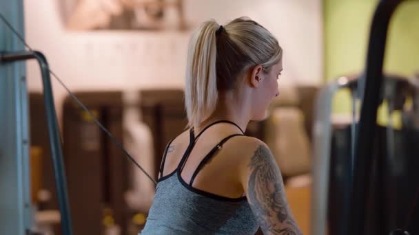Deportiva y sexy chica hace ejercicios en un gimnasio para fitness — Vídeos de Stock