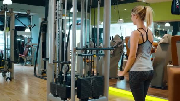 Spiertraining in de sportschool - jong meisje doet sport — Stockvideo