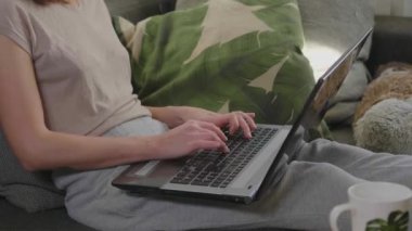 Genç kadın kanepede oturur ve onu laptop İnşaat