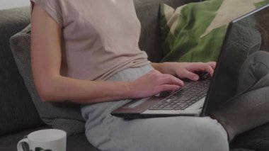 Güzel kız onun oturma odasında otururken internet sörf yapar