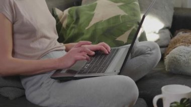 Genç kadın kanepede oturur ve onu laptop İnşaat