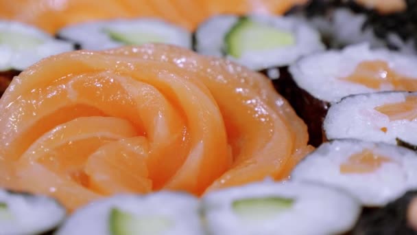 Sake Sashimi Fresh Raw Salmon Served Sushi Bar — Stock Video