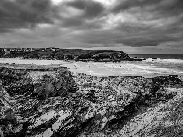 Spiaggia Rocciosa Bedruthan Steps Cornovaglia Incredibile Punto Riferimento Sulla Costa — Foto Stock