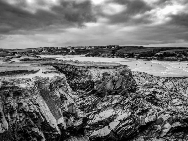 Skalnatá Pláž Bedruthan Kroky Cornwallu Úžasná Památka Pobřeží Cornish Cestovní — Stock fotografie
