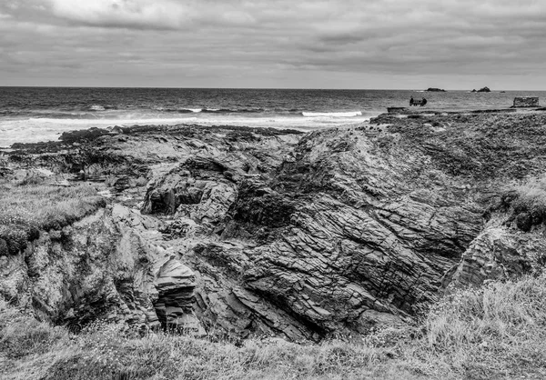 Rotsachtige Strand Van Bedruthan Stappen Cornwall Een Geweldige Mijlpaal Aan — Stockfoto