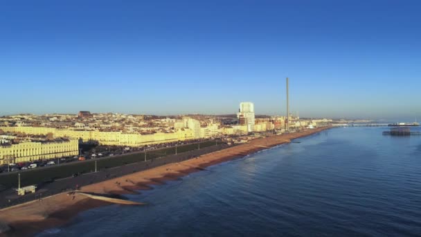 Voo Longo Brighton Beach Inglaterra Pôr Sol Vista Aérea — Vídeo de Stock