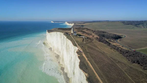 Aerial view over Seven Sisters White Cliffs at the coast of Sussex England