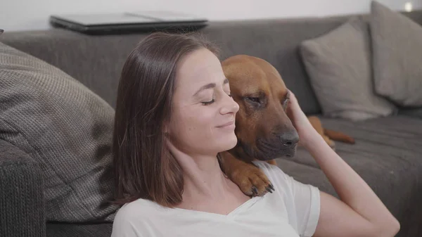 Jonge vrouw huisdieren haar hond terwijl ontspannen in de woonkamer — Stockfoto