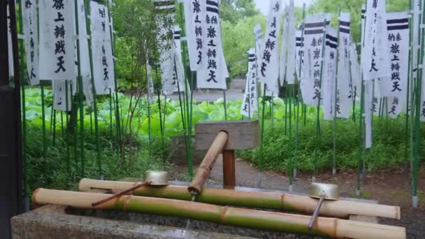 Woorden van wijsheid en gebeden op vlaggen op een Japanse Shinto-schrijn — Stockvideo