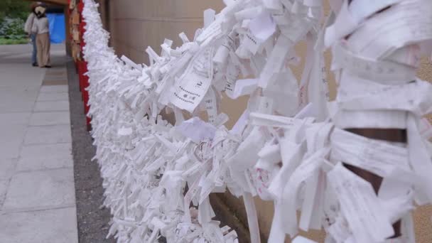 Omikuji - documenti di sfortuna in un tempio buddista o in un santuario shintoista - TOKYO, GIAPPONE - 12 GIUGNO 2018 — Video Stock