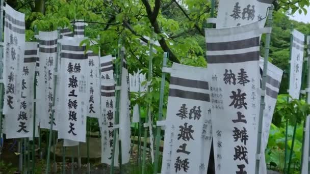 Palabras de sabiduría y oraciones sobre banderas en un santuario sintoísta japonés — Vídeos de Stock