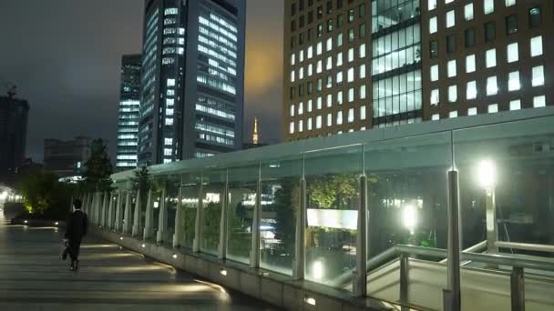 Современный вокзал Шимбаси в Токио ночью - впечатляющая архитектура - ТОКИО, Япония - 12 июня 2018 года — стоковое видео