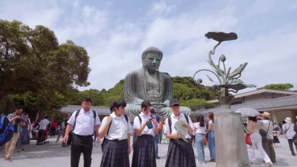 Wereld beroemde Daibutsu Buddha - het grote standbeeld van Boedha in Kamakura - Tokio, Japan - 12 juni, 2018 — Stockvideo