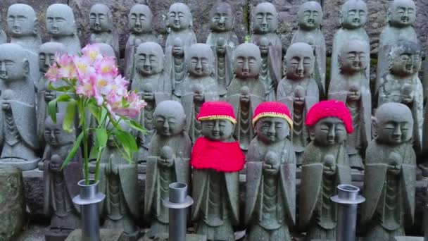 Ejército de estatuas monje en oración en el templo de Hase Dera en Kamakura — Vídeo de stock