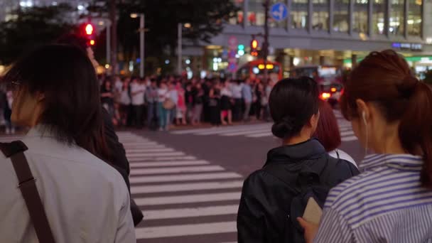 수백명의 사람들이 2018 년 6 월 12 일-도쿄, 일본-도쿄 시부야에서 거리를 건너 — 비디오
