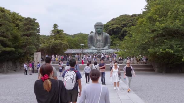 Παγκόσμια διάσημο Βούδα Daibutsu - το μεγάλο άγαλμα του Βούδα στην Καμακούρα - Τόκιο, Ιαπωνία - 12 Ιουνίου 2018 — Αρχείο Βίντεο