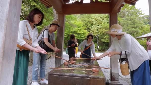 Κρήνη του τελετουργικού εξαγνισμού σε έναν ιαπωνικό ναό - Τόκιο, Ιαπωνία - 12 Ιουνίου 2018 — Αρχείο Βίντεο