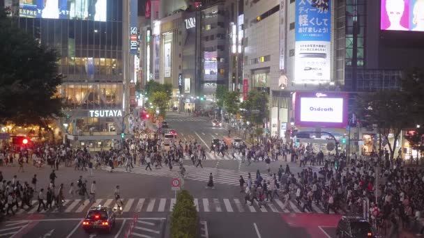 Perlintasan Shibuya terkenal di Tokyo - pandangan udara - TOKYO, JAPAN - JUNE 12, 2018 — Stok Video