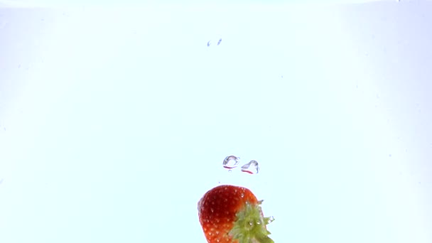 Φρέσκες φράουλες πέσουμε νερο - slow motion shot — Αρχείο Βίντεο