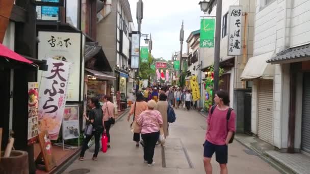 Самая знаменитая улица Камакуры - популярная улица Комачи - ТОКИО, ЯПОНИЯ - 12 июня 2018 года — стоковое видео