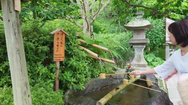 Фонтан ритуальной очистки в японском храме - ТОКИО, Япония - 12 июня 2018 г. — стоковое видео