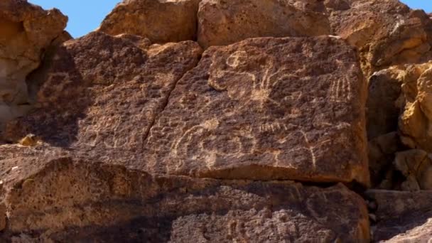 Oude Petroglyfen in Chalfant Valley in het oosten van Sierra — Stockvideo