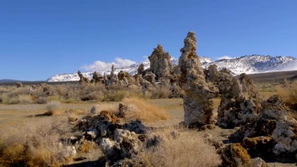 Torres de toba columnas de piedra caliza en el lago Mono — Vídeos de Stock