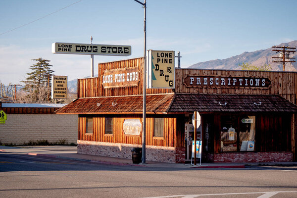 Drug store in the historic village of Lone Pine - LONE PINE CA, USA - MARCH 29, 2019