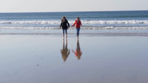 Twee Meisjes Lopen Langs Het Zandstrand Noord Ierland Een Kille — Stockvideo