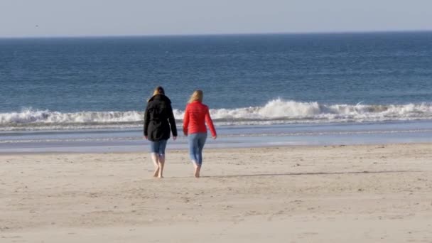 在秋天的一个寒冷的天 两个女孩沿着北爱尔兰的沙滩散步 — 图库视频影像
