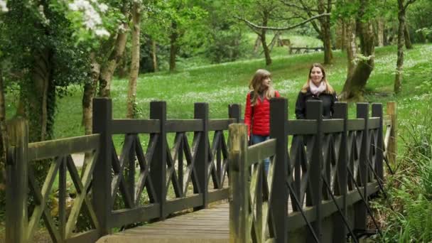 两名年轻女子走过爱尔兰的公园 旅游摄影 — 图库视频影像