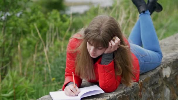 Jonge Vrouw Neemt Notities Prachtige Groene Natuur Van Ierland — Stockvideo