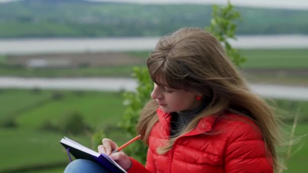 Mujer Joven Tomando Notas Maravillosa Naturaleza Verde Irlanda — Vídeos de Stock