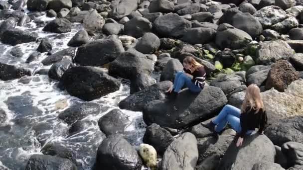 Duas Garotas Andando Sobre Rochas Causeway Coast Irlanda Norte — Vídeo de Stock